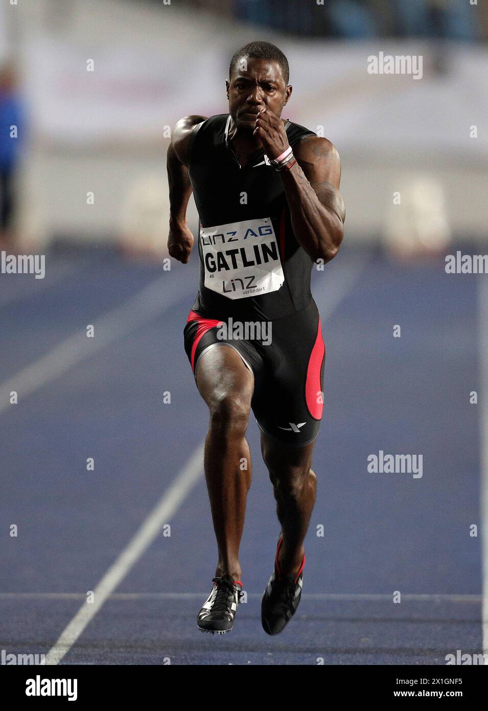 US sprinter Justin Gatlin  wins the men's 100 metre race at the 'Gugl Games' athletics meeting in Linz, Austria, 26 August 2013. - 20130826 PD2154 - Rechteinfo: Rights Managed (RM) Stock Photo