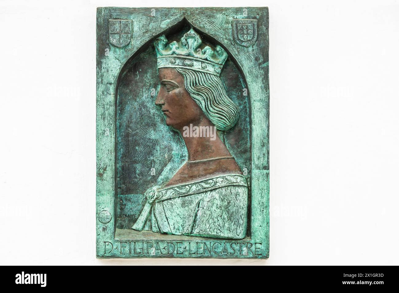 Relief  from 1987 of Philippa (Filippa) of Lancaster, Queen of Portugal, outside Sintra National Palace. Philippa became Queen consort of Portugal thr Stock Photo
