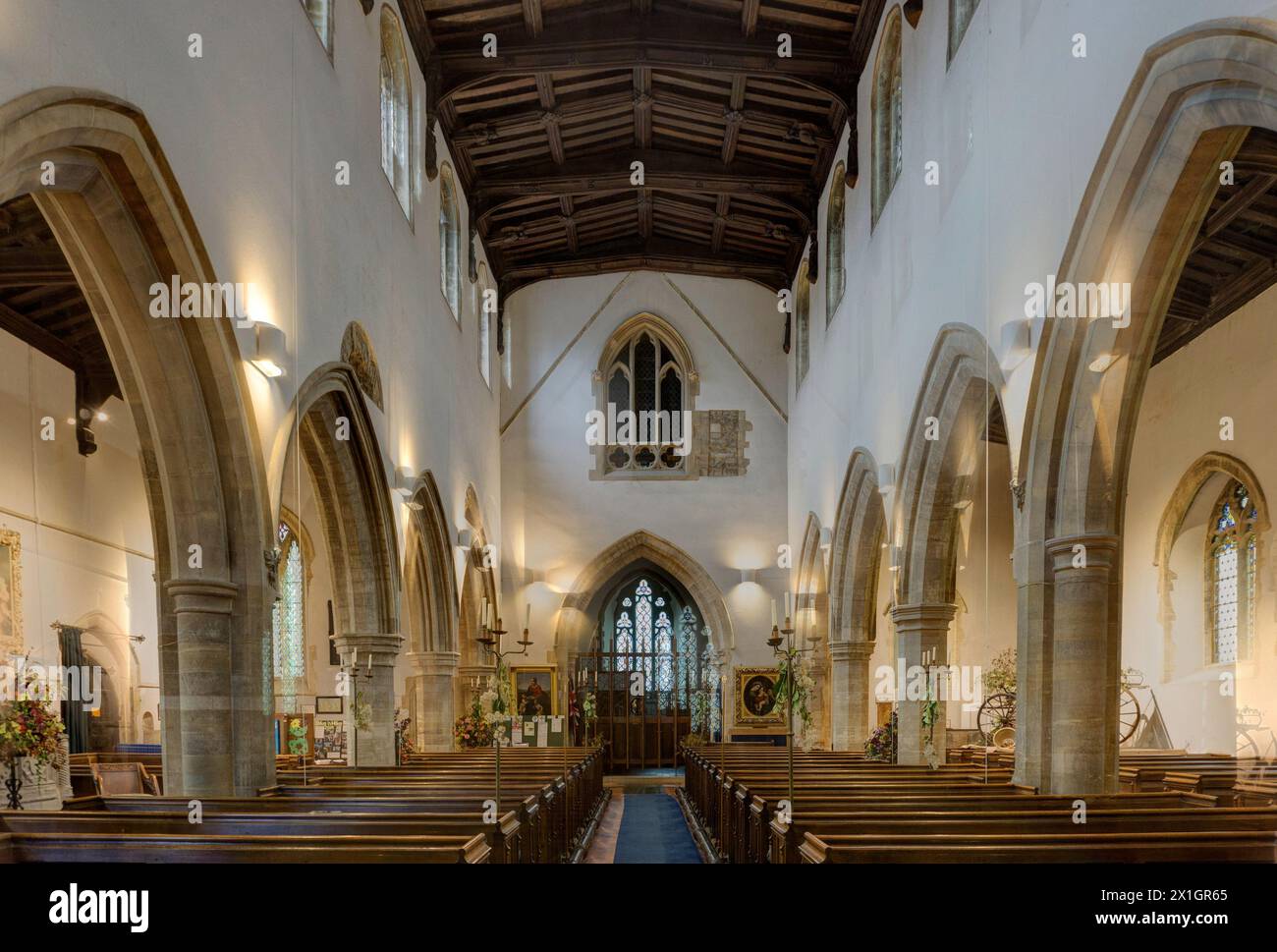 Interior of the parish church of All Saints in the village of Turvey, Bedfordshire, UK; a medieval church largely rebuilt in Victorian times. Stock Photo