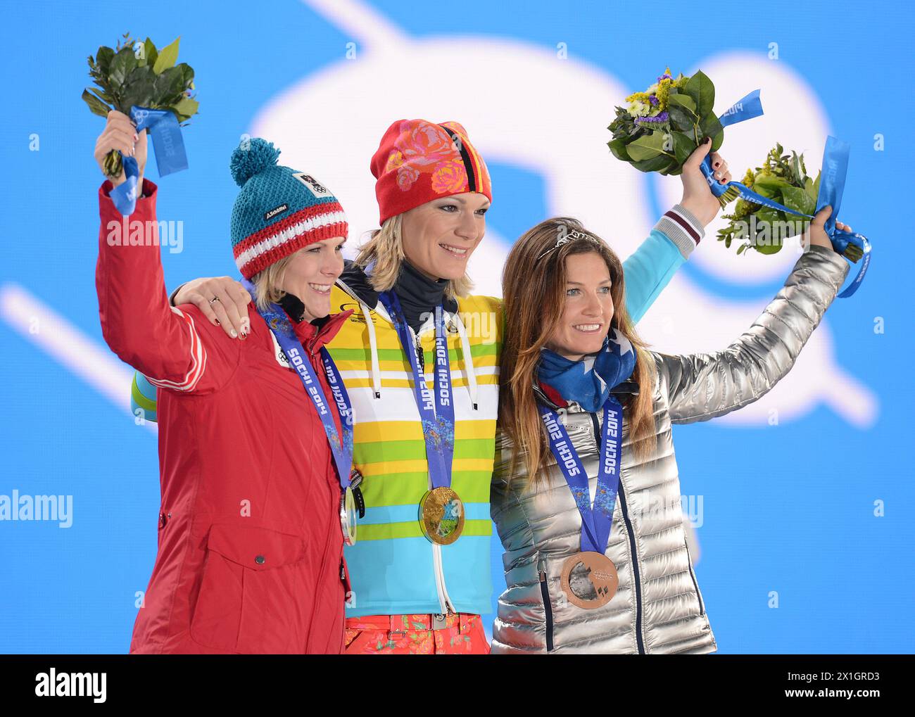 Maria Hoefl-Riesch, Nicole Hosp and Julia Mancuso during the medal ceremony for the Women's Super Combined race at the Sochi 2014 Olympic Games, Sochi, Russia, 10 February 2014. - 20140210 PD5318 - Rechteinfo: Rights Managed (RM) Stock Photo