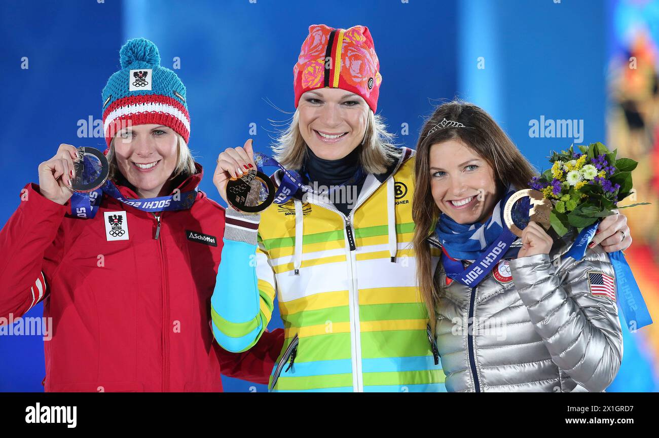 Maria Hoefl-Riesch, Nicole Hosp and Julia Mancuso during the medal ceremony for the Women's Super Combined race at the Sochi 2014 Olympic Games, Sochi, Russia, 10 February 2014. - 20140210 PD5418 - Rechteinfo: Rights Managed (RM) Stock Photo