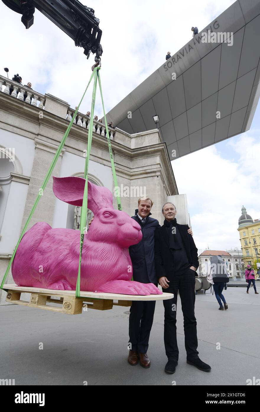 A large pink 'Duerer Rabbit' sculpture by German artist Ottmar Hoerl is ...