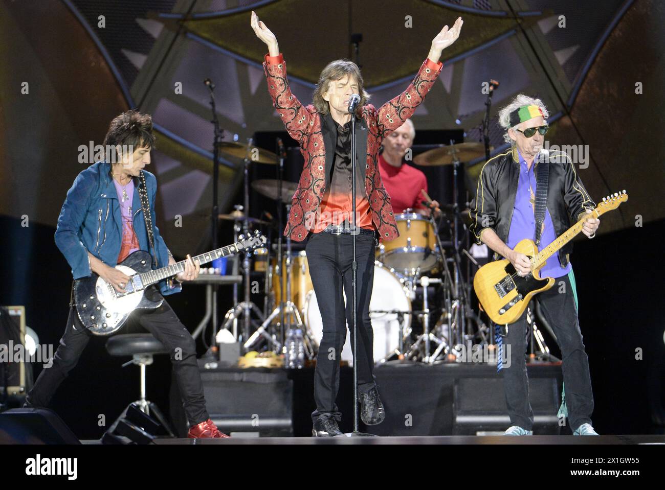 Members of British rock band The Rolling Stones, Mick Jagger, Keith Richards, Ronnie Wood and Charlie Watts perform on stage during a concert in Vienna, Austria, 16 June 2014. - 20140616 PD5384 - Rechteinfo: Rights Managed (RM) Stock Photo