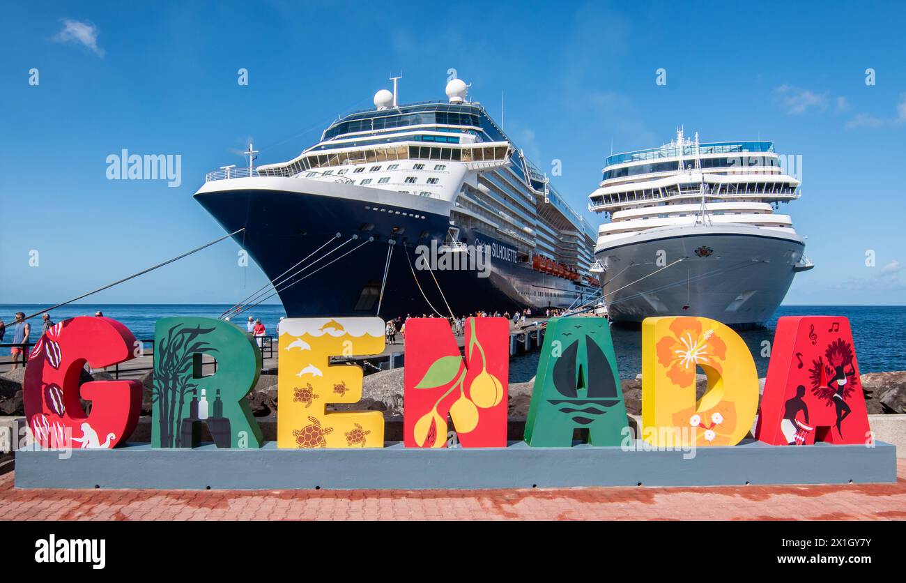 St Georges, Grenada - November 26, 2023: Grenada welcome sign in front of Oceania Cruises ship and Celebrity Cruises ship in port of Grenada. Stock Photo