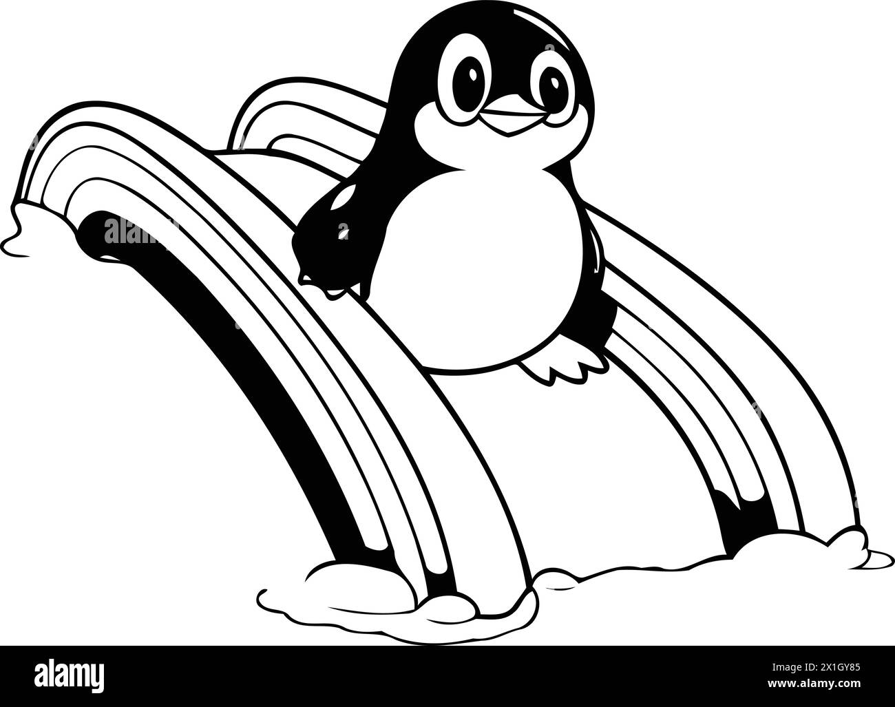 Cute cartoon penguin swimming on a rainbow. Vector illustration. Stock Vector