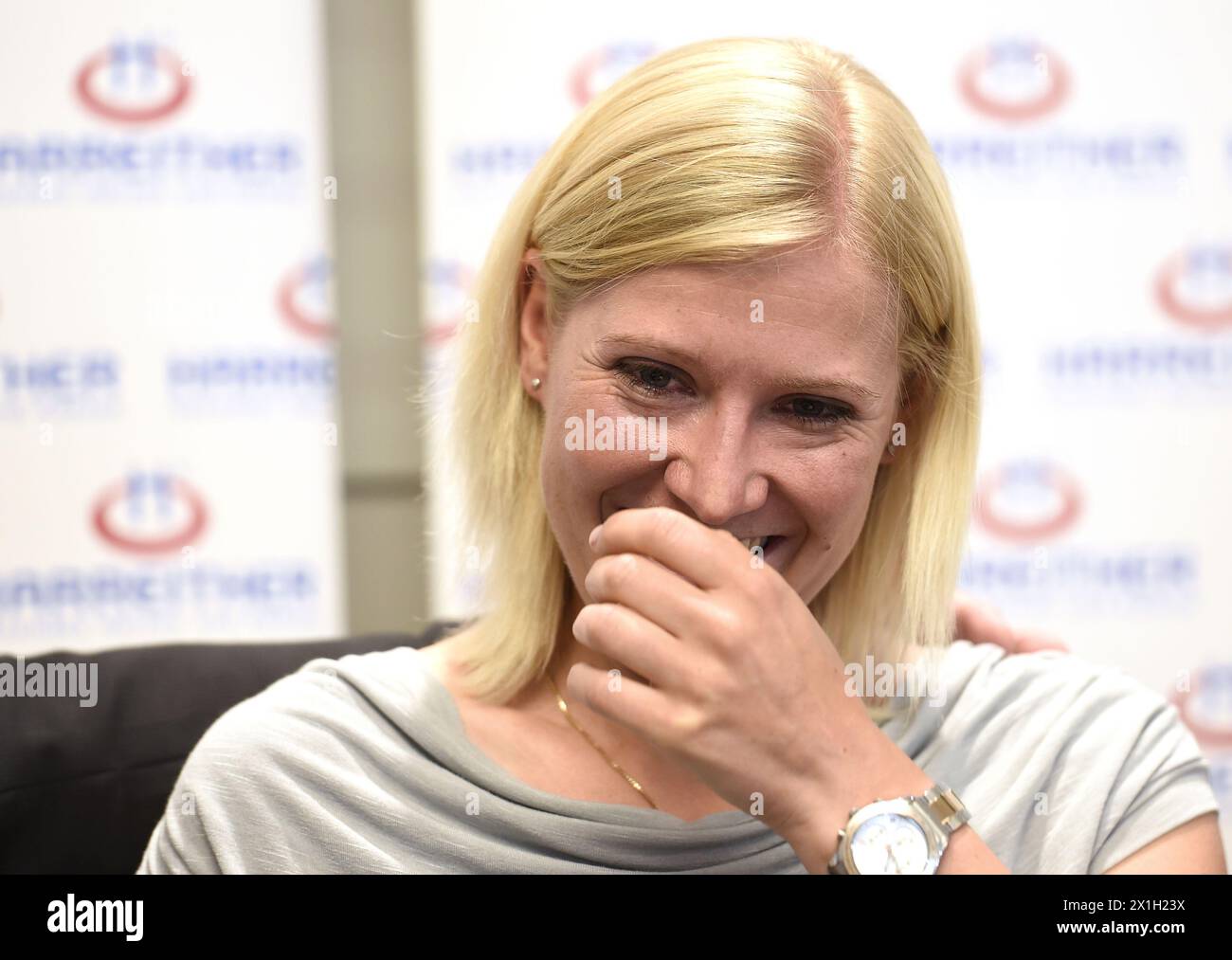 Gaflenz - Austrian ski racer Andrea Fischbacher during press conference concerning her career ending on 10th June 2015. PICTURE: Andrea Fischbacher - 20150610 PD0593 - Rechteinfo: Rights Managed (RM) Stock Photo