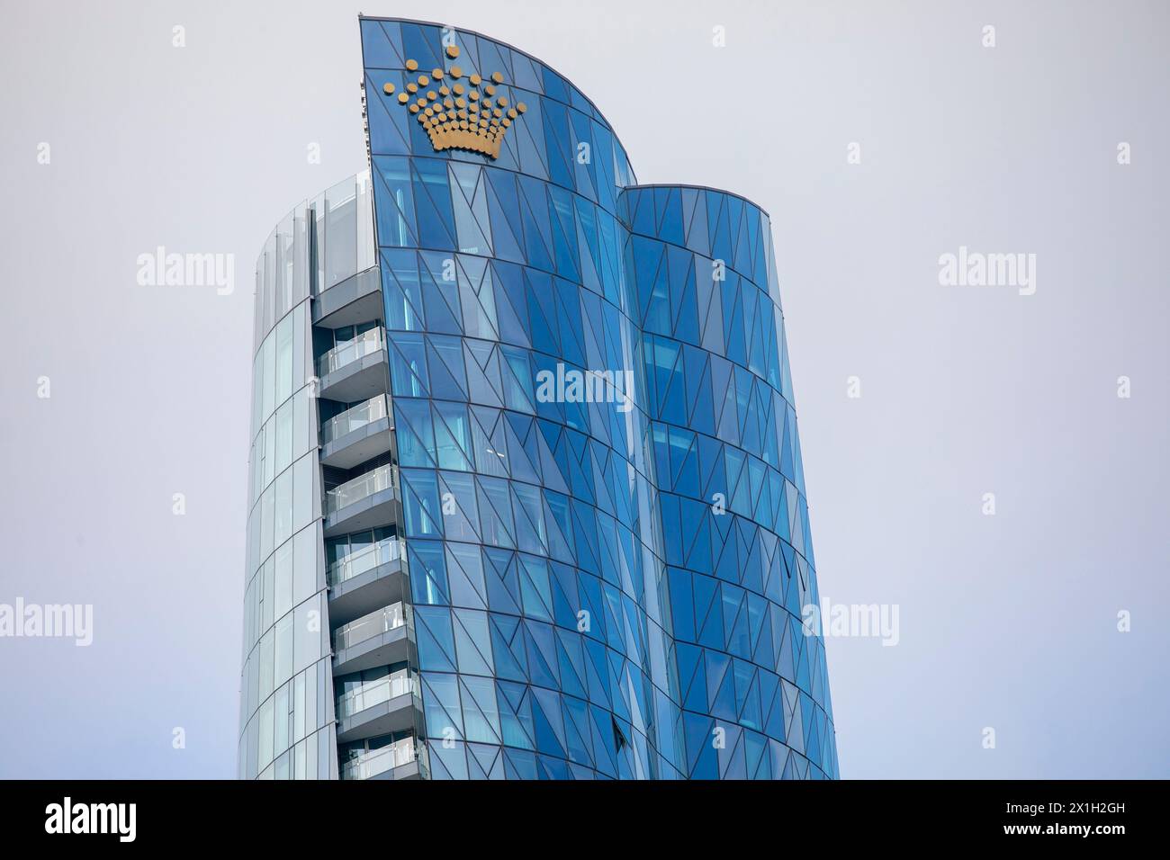 Crown Casino and Crown Towers Hotel Sydney, close up Crown logo, 6 star hotel and Sydney's tallest building,NSW,Australia Stock Photo