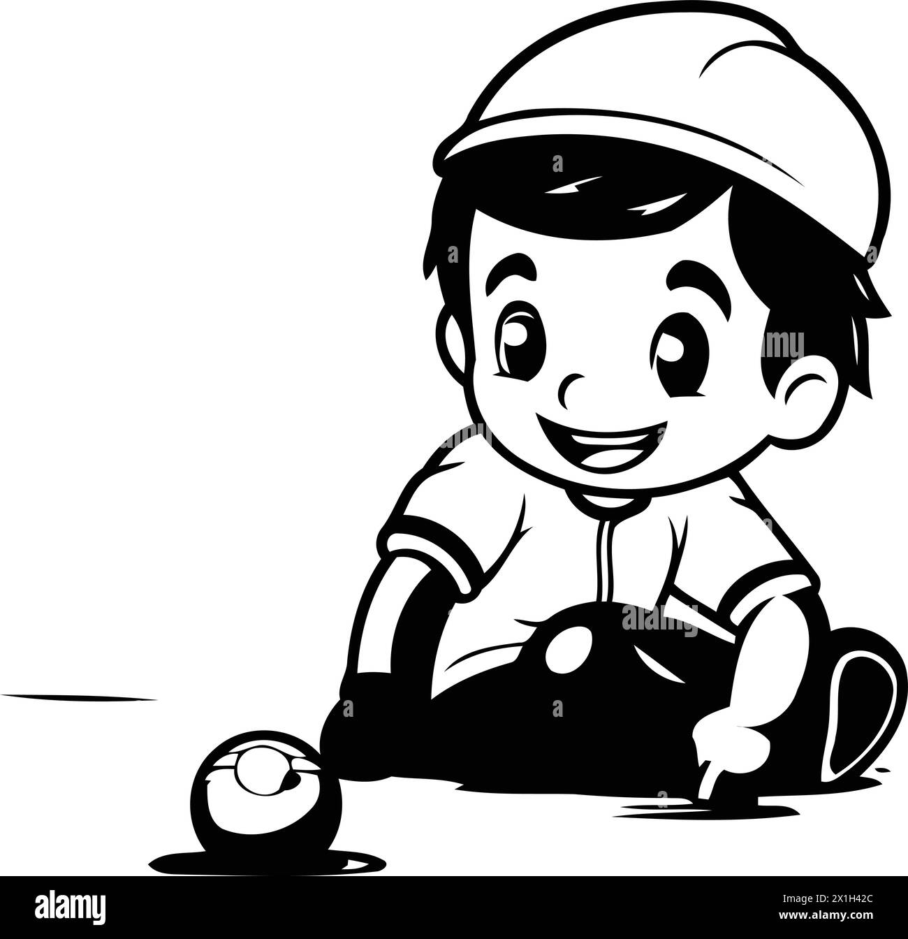 Little boy playing ice hockey on the ice. Vector cartoon illustration