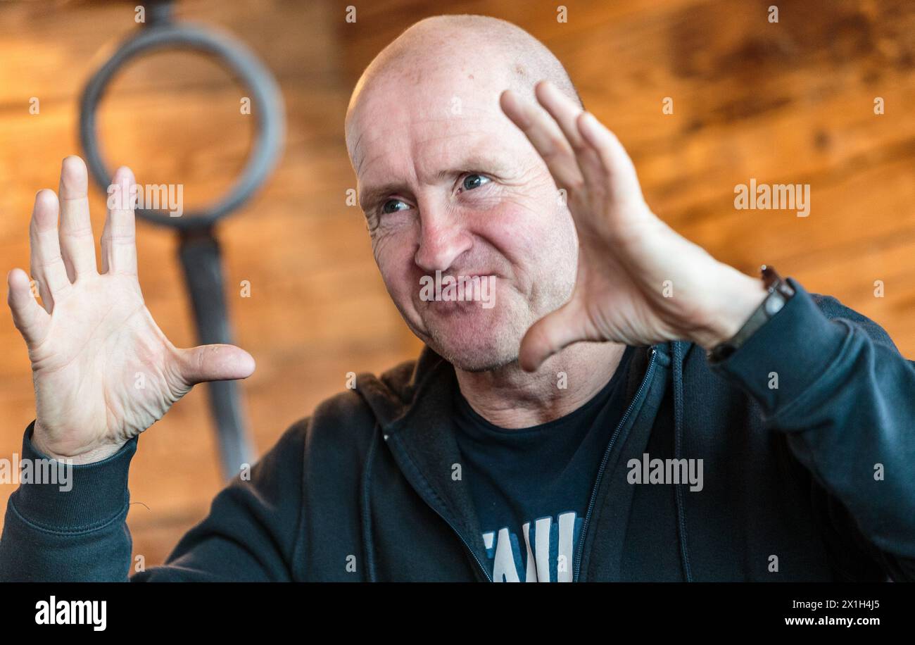 Former British ski jumper Michael Edwards better known as Eddie the Eagle during an interview at Schwarzacher, Saalbach Hinterglemm, Austria, on 10 th March 2016. He was the first British jumper who went at the Winter Olympics. PICTURE: Michael Edwards - 20160310 PD14015 - Rechteinfo: Rights Managed (RM) Stock Photo