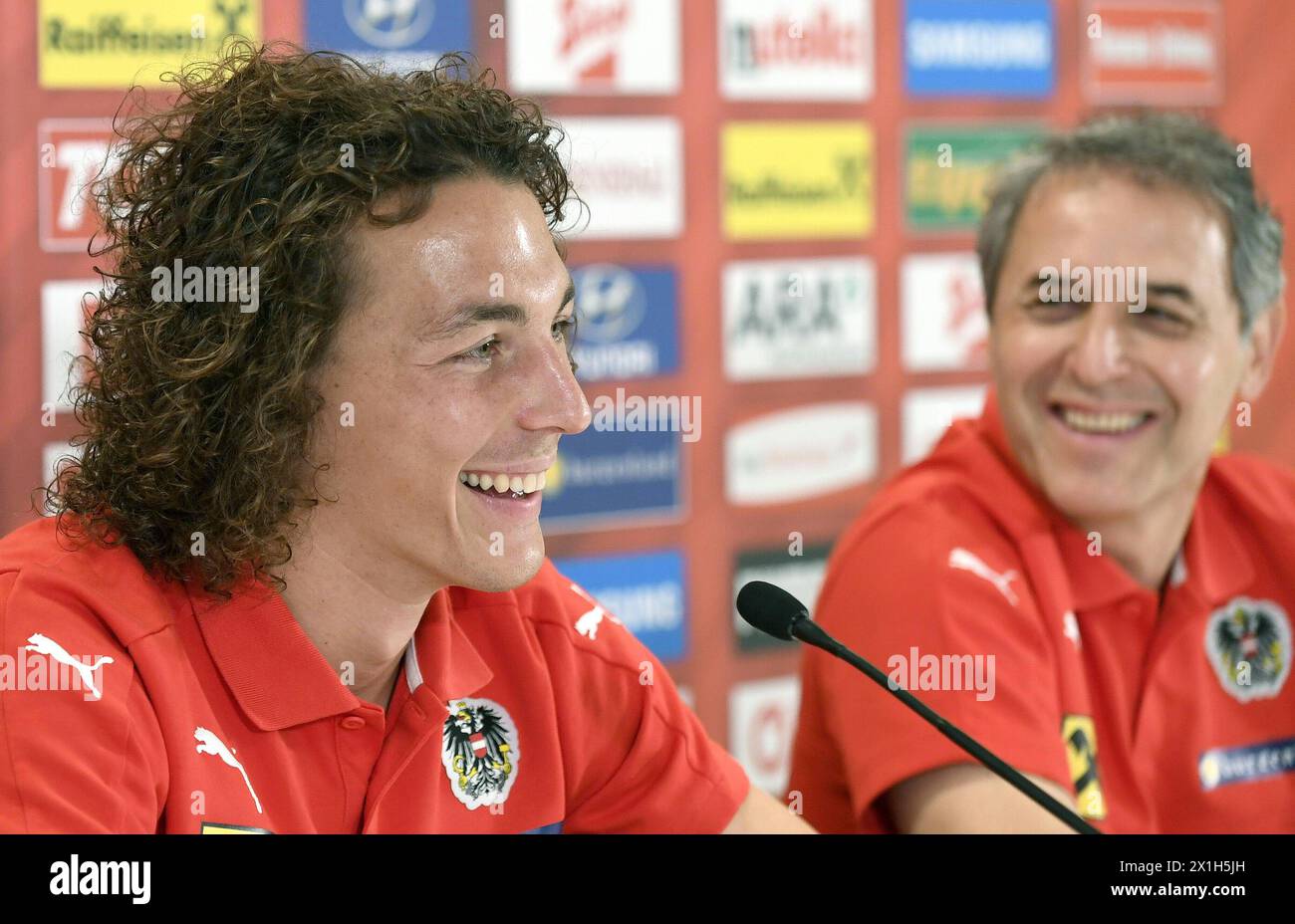 Julian Baumgartlinger during press conference prior to the world cup qualifying match in Georgia in Vienna, Austria, on 30 th August 2016. PICTURE: Julian Baumgartlinger and Marcel Koller - 20160830 PD1369 - Rechteinfo: Rights Managed (RM) Stock Photo