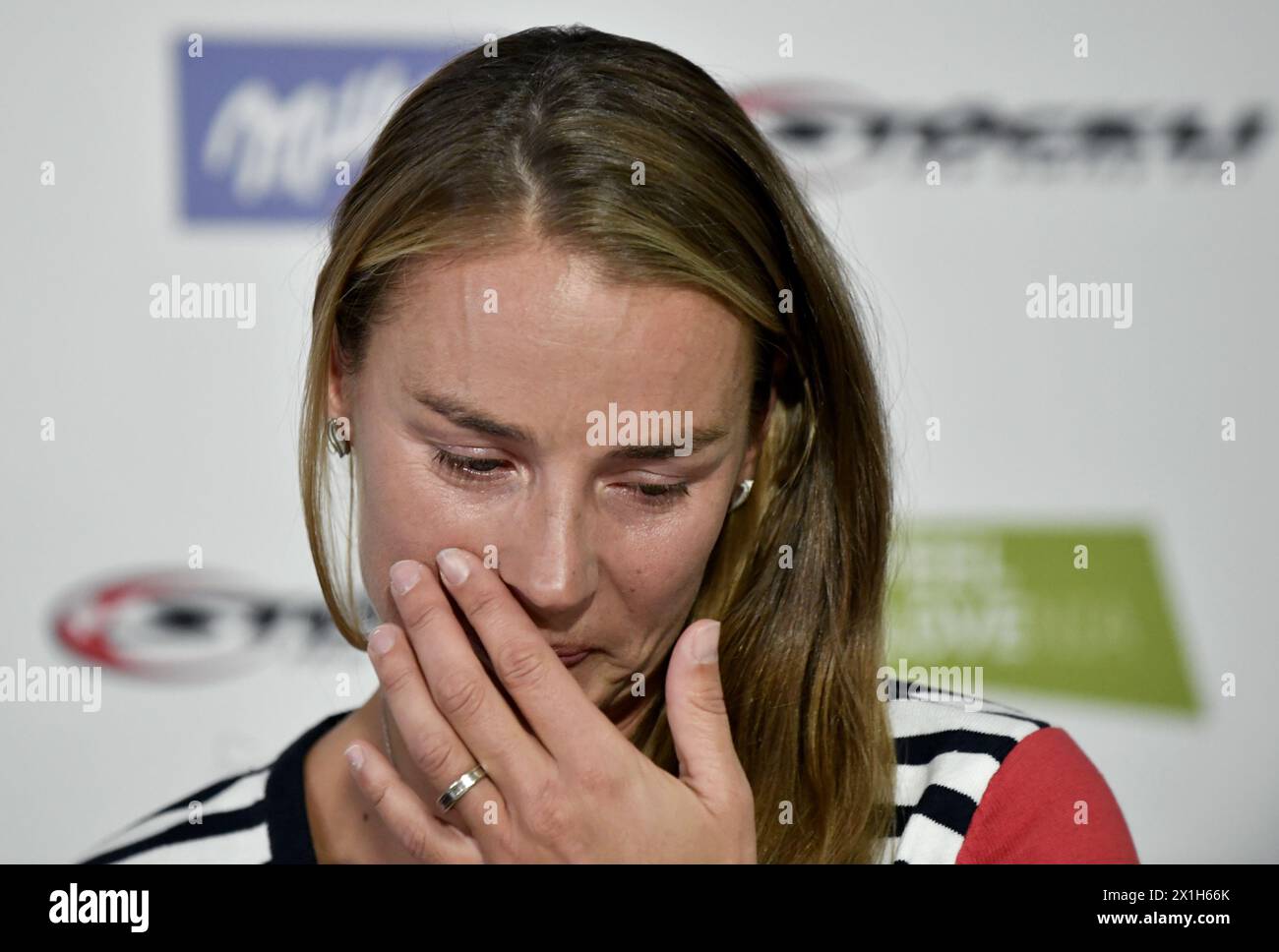 Tina Maze of Slovenia reacts during announcing her retirement from active racing during press conference prior to the FIS Ski Alpine Worldcup opening at Hotel Bergland in Soelden, Austria on 2016/10/20. - 20161020 PD5343 - Rechteinfo: Rights Managed (RM) Stock Photo