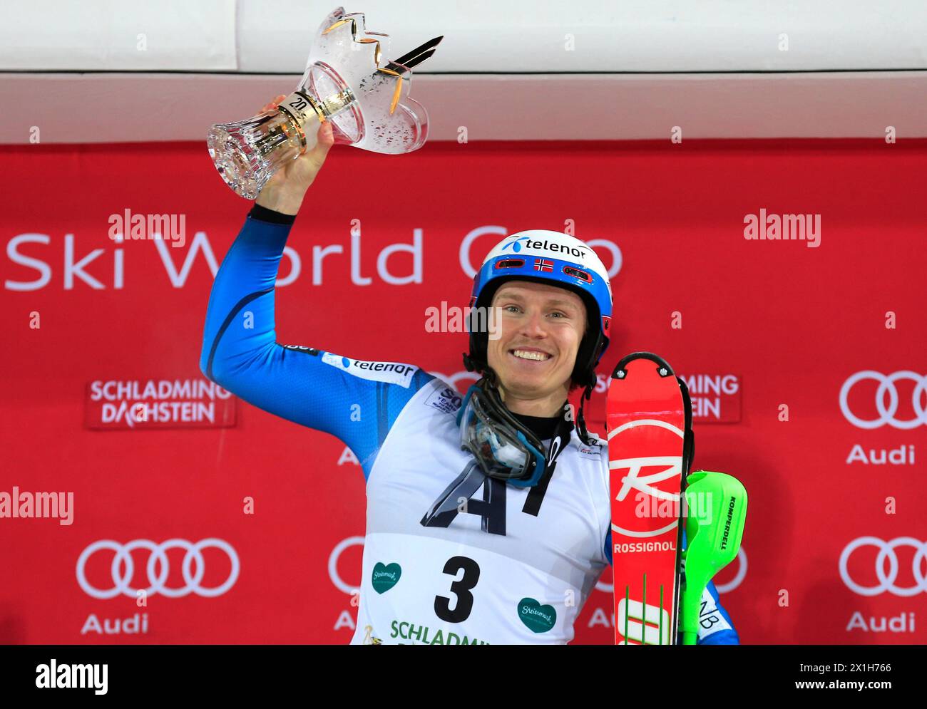 Men's slalom at the FIS Alpine Ski World Cup in Schladming, Austria, on January 24, 2017. PICTURE:   Winner Henrik Kristoffersen of Norway during the winner ceremony - 20170124 PD9434 - Rechteinfo: Rights Managed (RM) Stock Photo