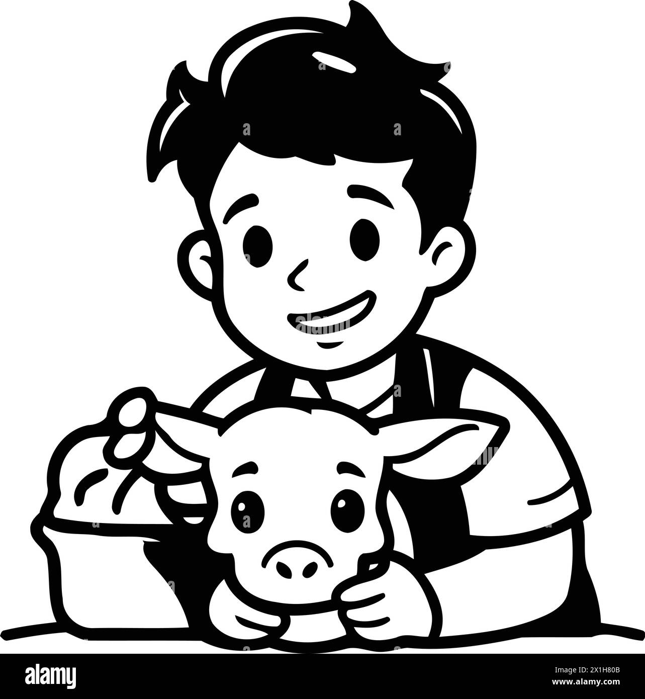 Cute little boy feeding a baby cow with milk. Vector illustration Stock