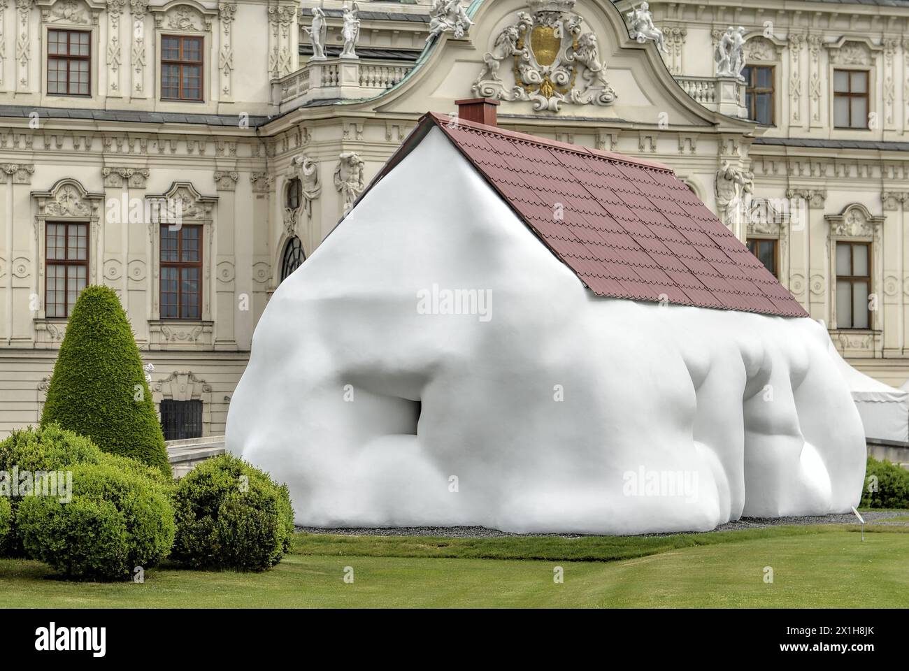 The sculpture 'Fat House' (2003) by the Austrian artist Erwin Wurm in the garden of the Museum Upper Belvedere (Oberes Belvedere) in Vienna on 23 rd  May 2017. Erwin Wurm will be exhibiting the Austria Pavilion at the Venice Biennale this year. - 20170523 PD1136 - Rechteinfo: Rights Managed (RM) Stock Photo