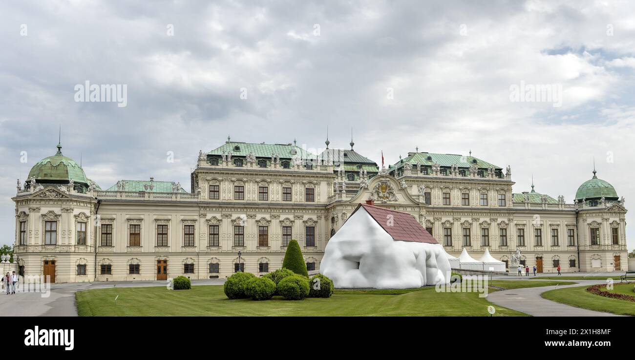 The sculpture 'Fat House' (2003) by the Austrian artist Erwin Wurm in the garden of the Museum Upper Belvedere (Oberes Belvedere) in Vienna on 23 rd  May 2017. Erwin Wurm will be exhibiting the Austria Pavilion at the Venice Biennale this year. - 20170523 PD1137 - Rechteinfo: Rights Managed (RM) Stock Photo