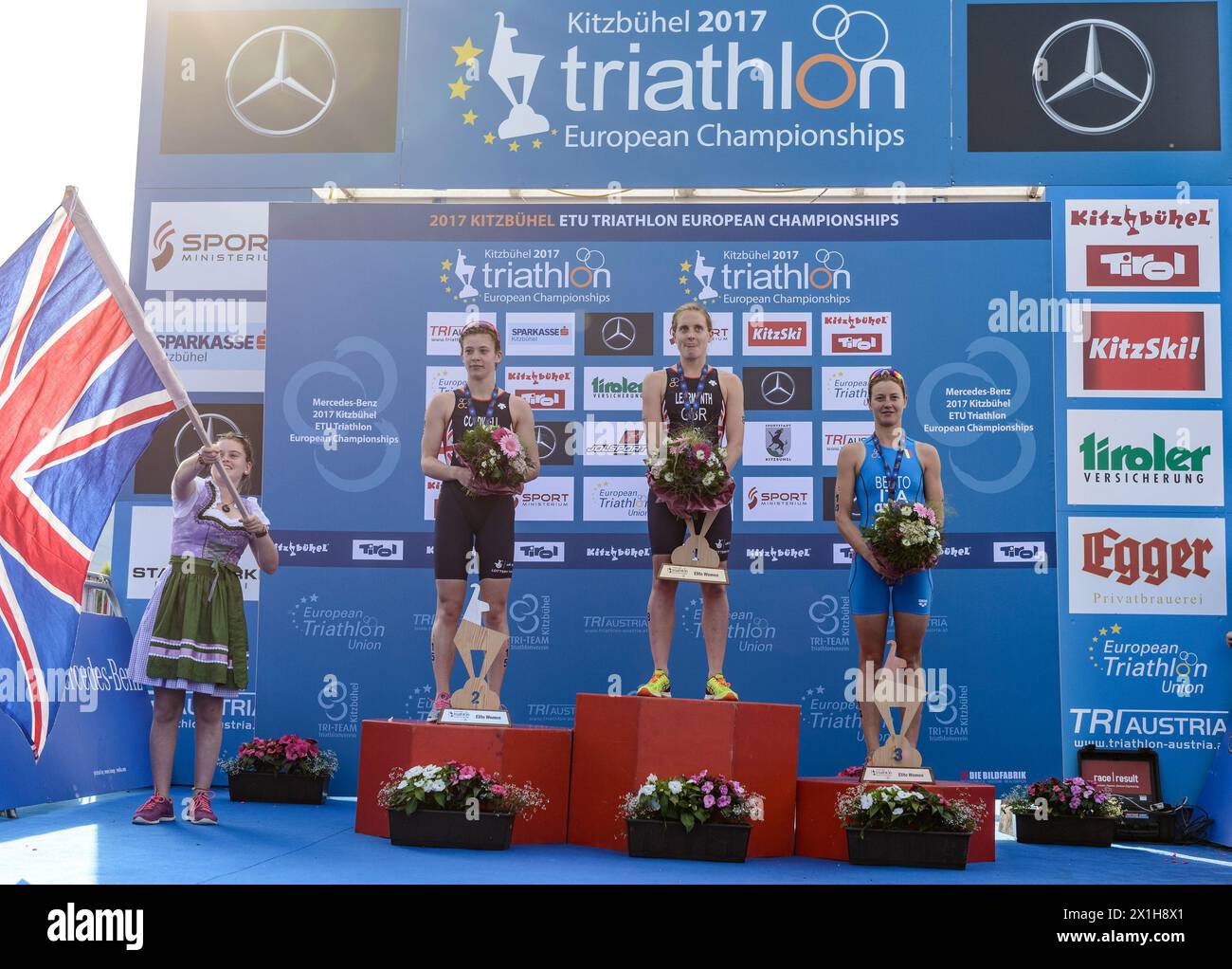 (L-R) Sophie Coldwell, Jessica Learmonth, Alice Betto  during the women's Elite competition of the Triathlon European Championships. Kitzbuehel, Austria on 2017/06/16 - 20170616 PD5993 - Rechteinfo: Rights Managed (RM) Stock Photo