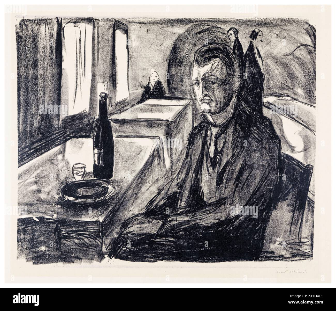 Edvard Munch, Self-portrait with wine bottle, drawing in linocut on paper, 1925-1926 Stock Photo