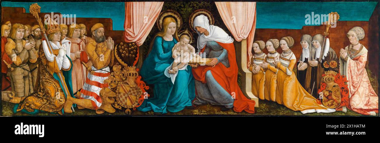 Hans Baldung Grien, Margrave Christoph I of Baden with his family in adoration before Saint Anne herself making a third, painting in mixed media on wood, circa 1510 Stock Photo