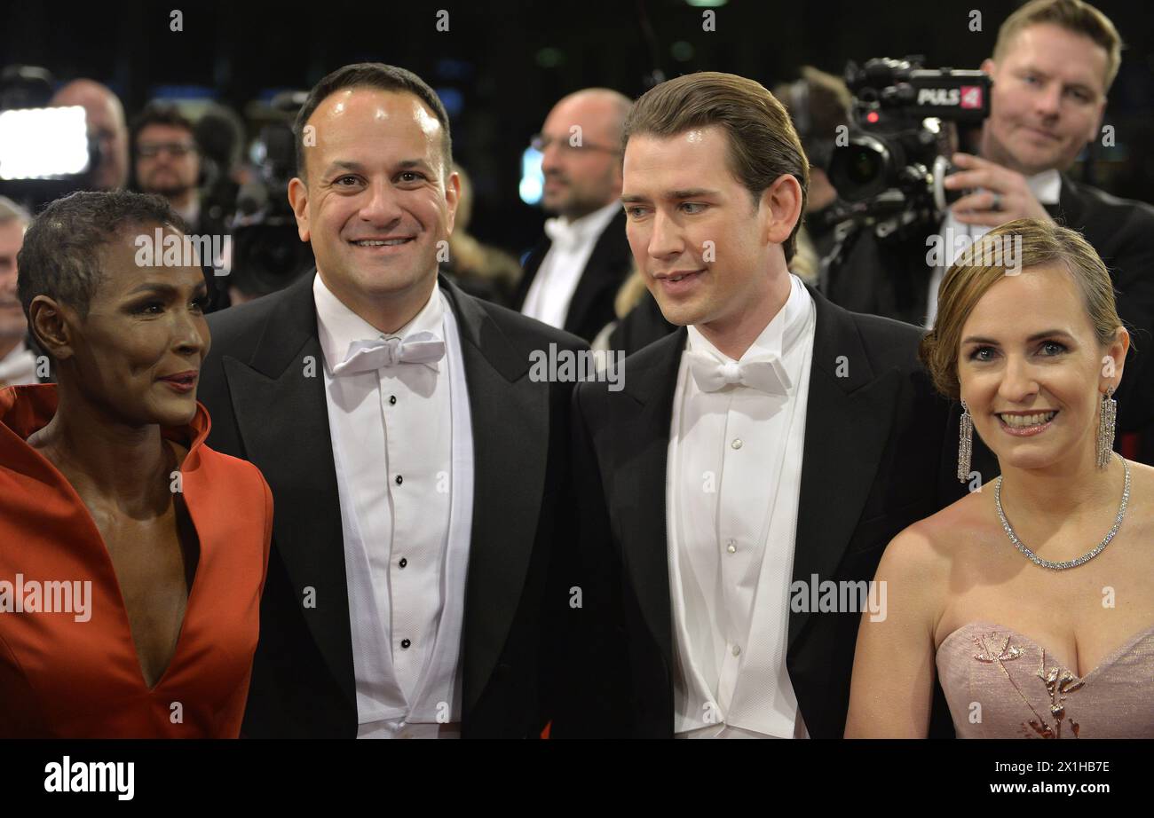 Traditional Vienna Opera Ball at the Wiener Staatsoper (Vienna State Opera), in Vienna, Austria, 08 February 2018. In the picture: Somali social activist Waris Dirie, Irish Prime minister Leo Varadkar,   Chancellor of Austria Sebastian Kurz and Maria Grossbauer, organizer of the Vienna Opera Ball. - 20180208 PD7420 - Rechteinfo: Rights Managed (RM) Stock Photo