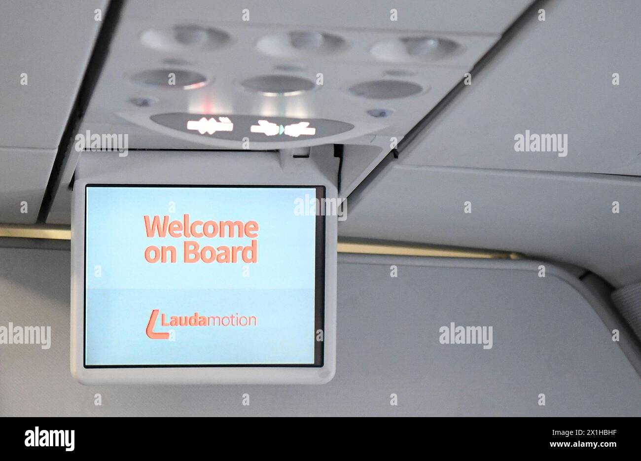 Laudamotion - screen with ' Welcome on Board ' interior an Airbus of his airline Laudamotion at Airport Vienna in Schwechat on 20 th March 2018. - 20180320 PD1040 - Rechteinfo: Rights Managed (RM) Stock Photo