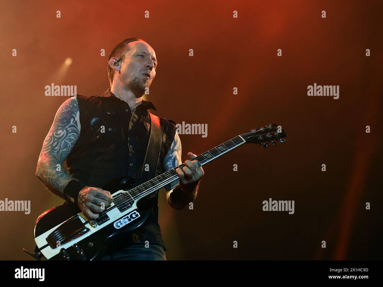 Nova Rock 2018 festival in Nickelsdorf, Austria, June 16 2018. The event runs from June 14 to 17, 2018. PICTURE:   Michael Poulsen of the band 'Volbeat' during concert on 'Blue Stage' - 20180616 PD11872 - Rechteinfo: Rights Managed (RM) Stock Photo
