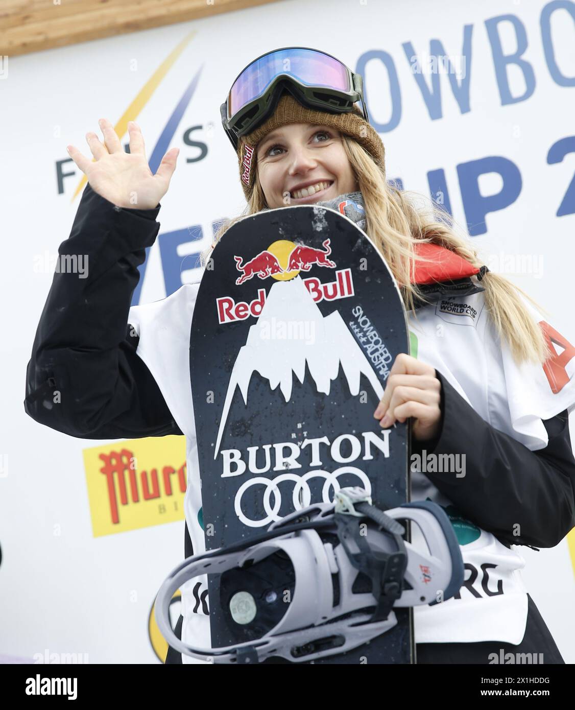 Second placed Anna Gasser of Austria poses on the podium after the FIS Snowboard Slopestyle Worldcup on January 12, 2019, on the Kreischberg in Sankt Georgen ob Murau, Austria. - 20190112 PD2912 - Rechteinfo: Rights Managed (RM) Stock Photo