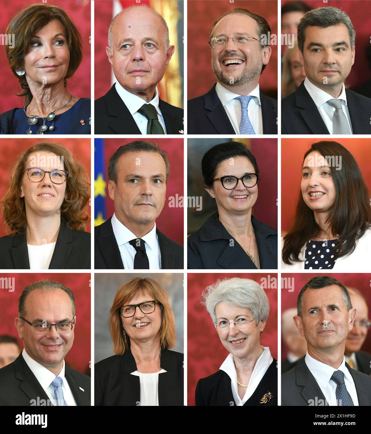 (COMBO) This combination created on June 3, 2019 of pictures taken in Vienna shows members of Austria's new interim government (top row, L-R) Chancellor Brigitte Bierlein, vice-chancellor and justice minister Clemens Jabloner, foreign minister Alexander Schallenberg and interior minister Wolfgang Peschorn; (middle row, L-R) education minister Iris Eliisa Rauskala, finance minister Eduard Mueller, labour minister Brigitte Zarfl and minister for women Ines Stilling; (bottom row, L-R) transport minister Andreas Reichhardt, minister for tourism and sustainability Maria Patek, economy minister Elis Stock Photo