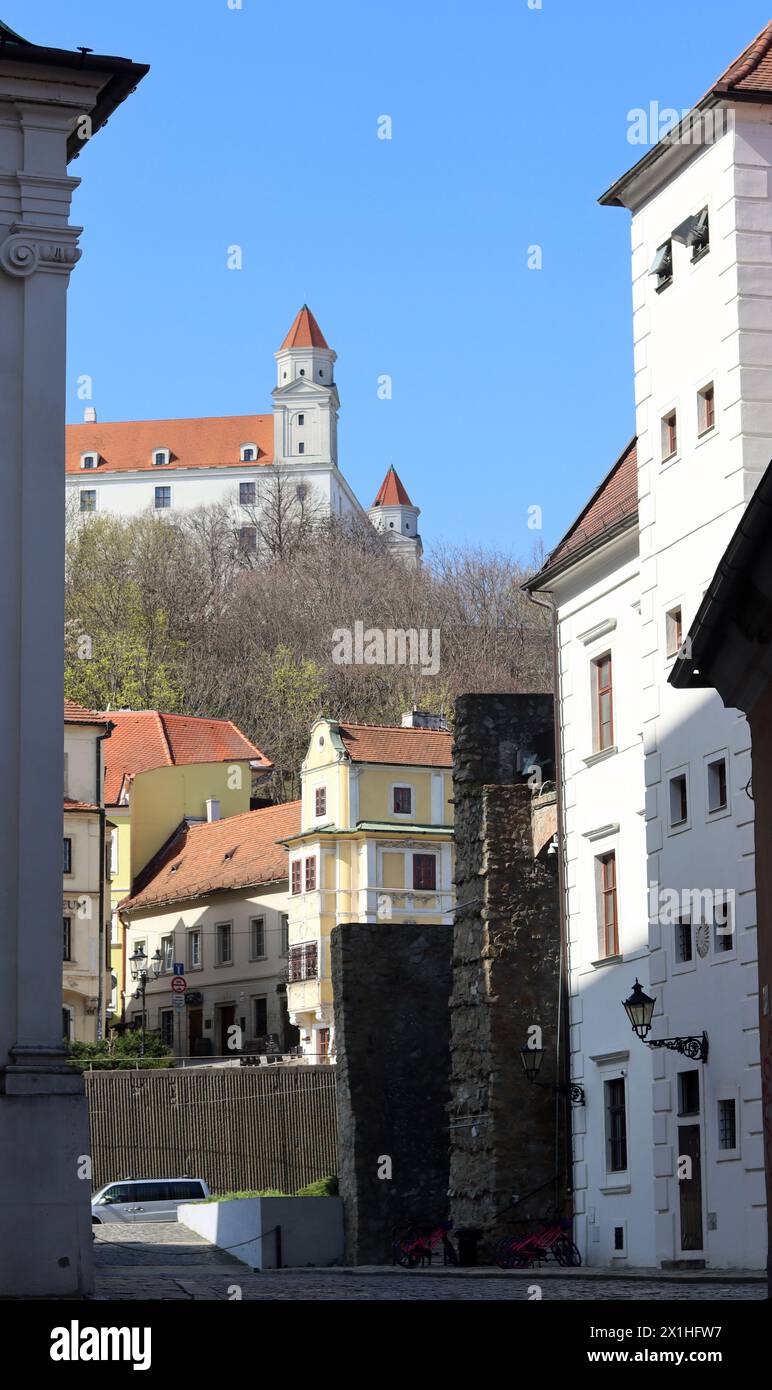 Beautiful tiny street in the old town of Bratislava, Slovakia. Architecture of Europe. Tourist destinations concept. Stock Photo