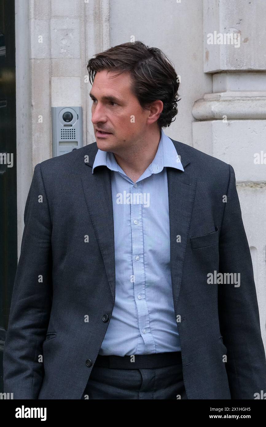 London, UK, 16th April, 2024. Veterans Minister Johnny Mercer MP is seen leaving the Cabinet Office after a meeting. Politicians return to Westminster on the second day of business after the Easter recess. Credit: Eleventh Hour Photography/Alamy Live News Stock Photo