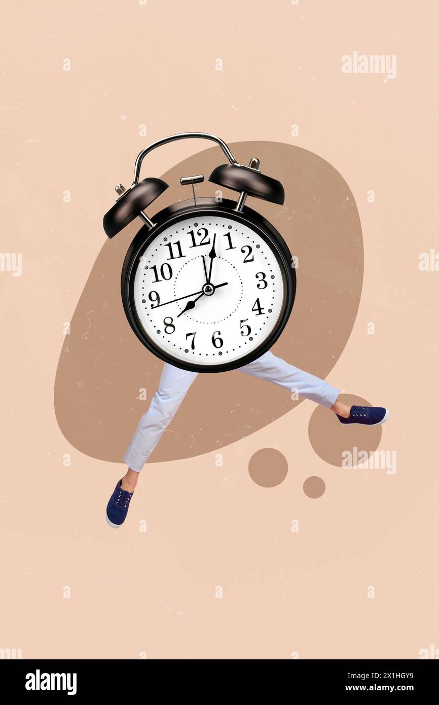 Composite vertical collage image of bell ring alarm clock jump mini