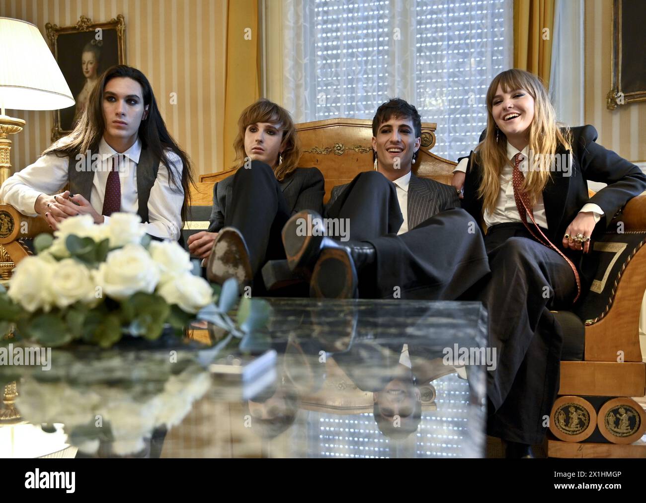 Måneskin, winners of the Eurovision Song Contest, (L-R): Ethan Torchio, Thomas Raggi, Damiano David and Victoria De Angelis during interview with Austria Presse Agentur in Vienna, Austria on July 15, 2021. - 20210715 PD16071 - Rechteinfo: Rights Managed (RM) Stock Photo