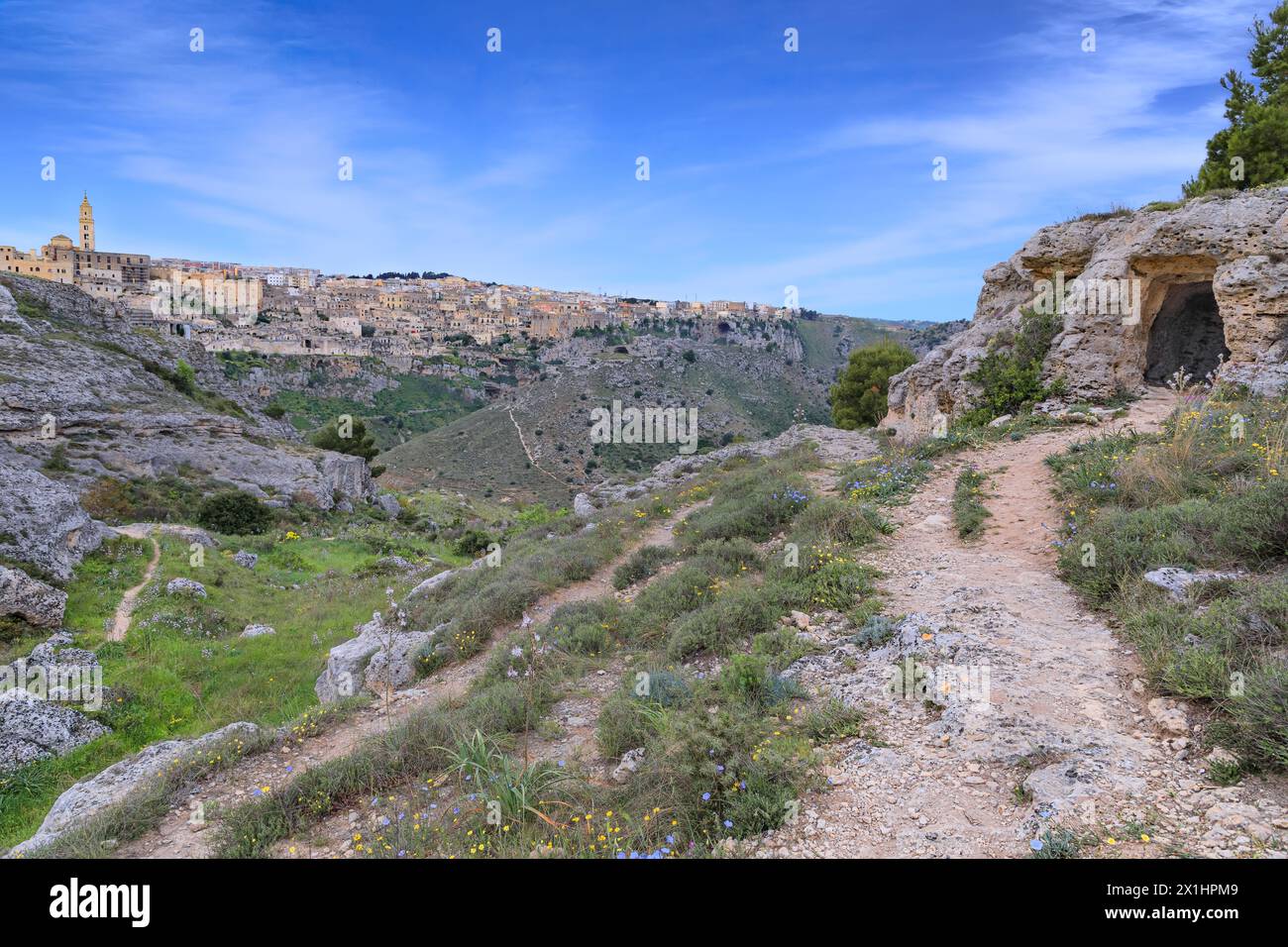 Sassi of Matera skyline from Murgia Materana, Italy: detail of a cave house. Stock Photo