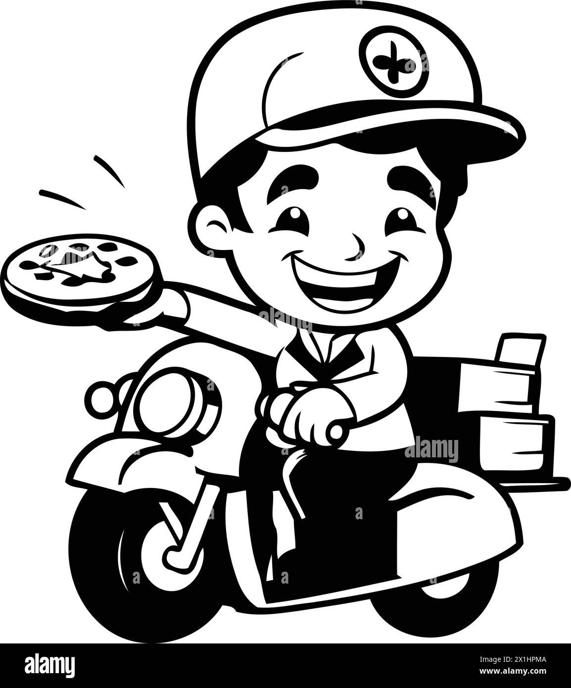 Cartoon Pizza Delivery Boy on Scooter. Vector Illustration Stock Vector