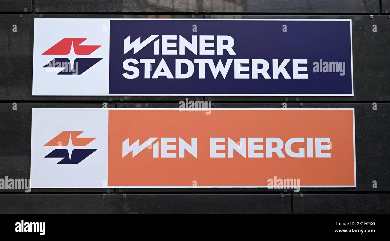 The logo of 'Wien Energie' and the logo of 'Wiener Stadtwerke' at the energy supplier's headquarters on Monday, August 29, 2022. Wien Energie has run into financial difficulties due to increased wholesale prices for gas and electricity. - 20220829 PD1938 - Rechteinfo: Rights Managed (RM) Stock Photo