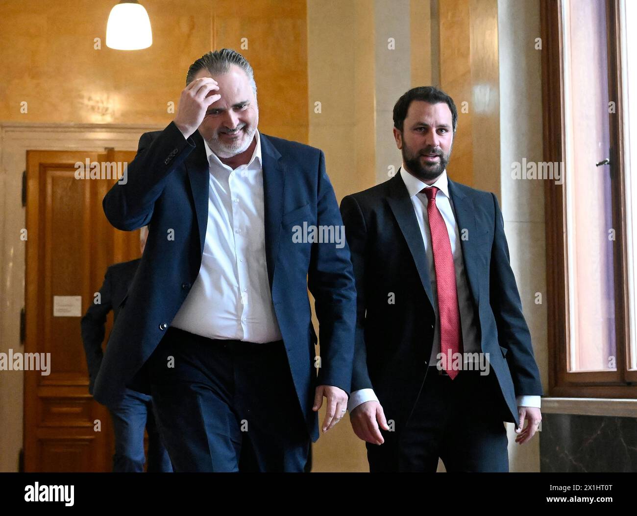 Governor of Burgenland Hans-Peter Doskozil (L.) after the SPOe presidium meeting in the parliament in Vienna on March 27, 2023. The SPOe will decide today on the candidacies for the upcoming election of the new chairperson. - 20230327 PD2587 - Rechteinfo: Rights Managed (RM) Stock Photo