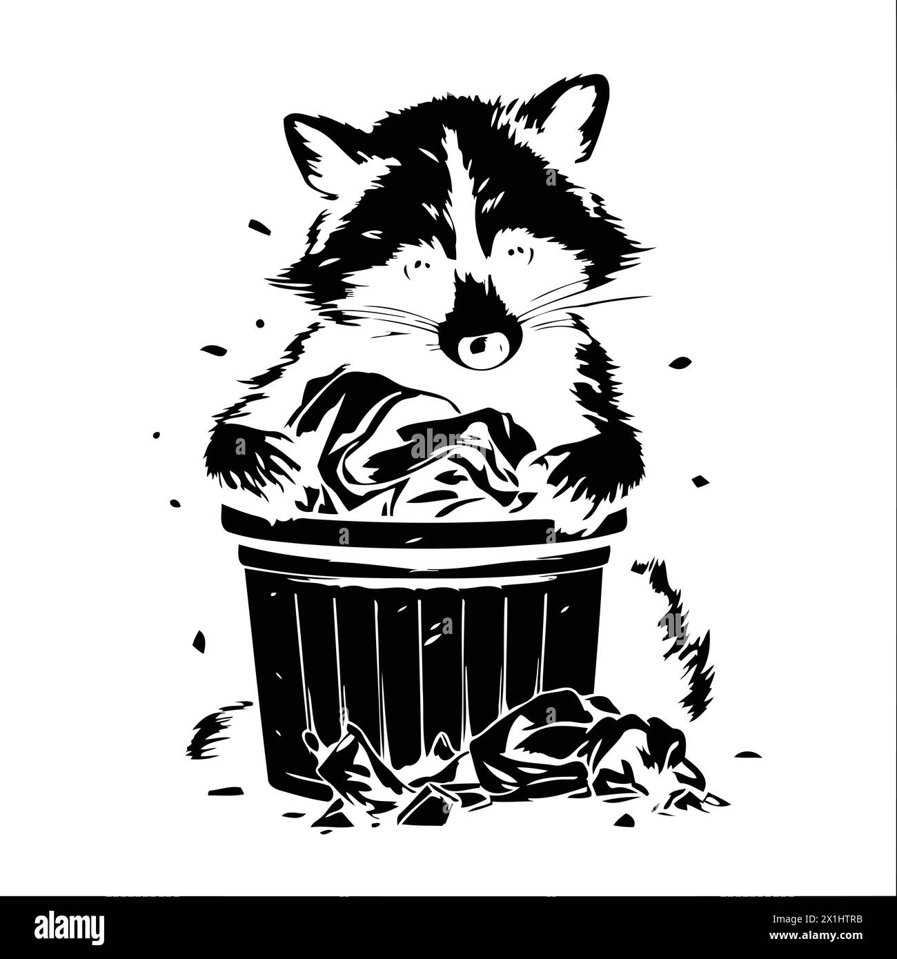 Illustration of a Raccoon in a trash can full of garbage Stock Vector