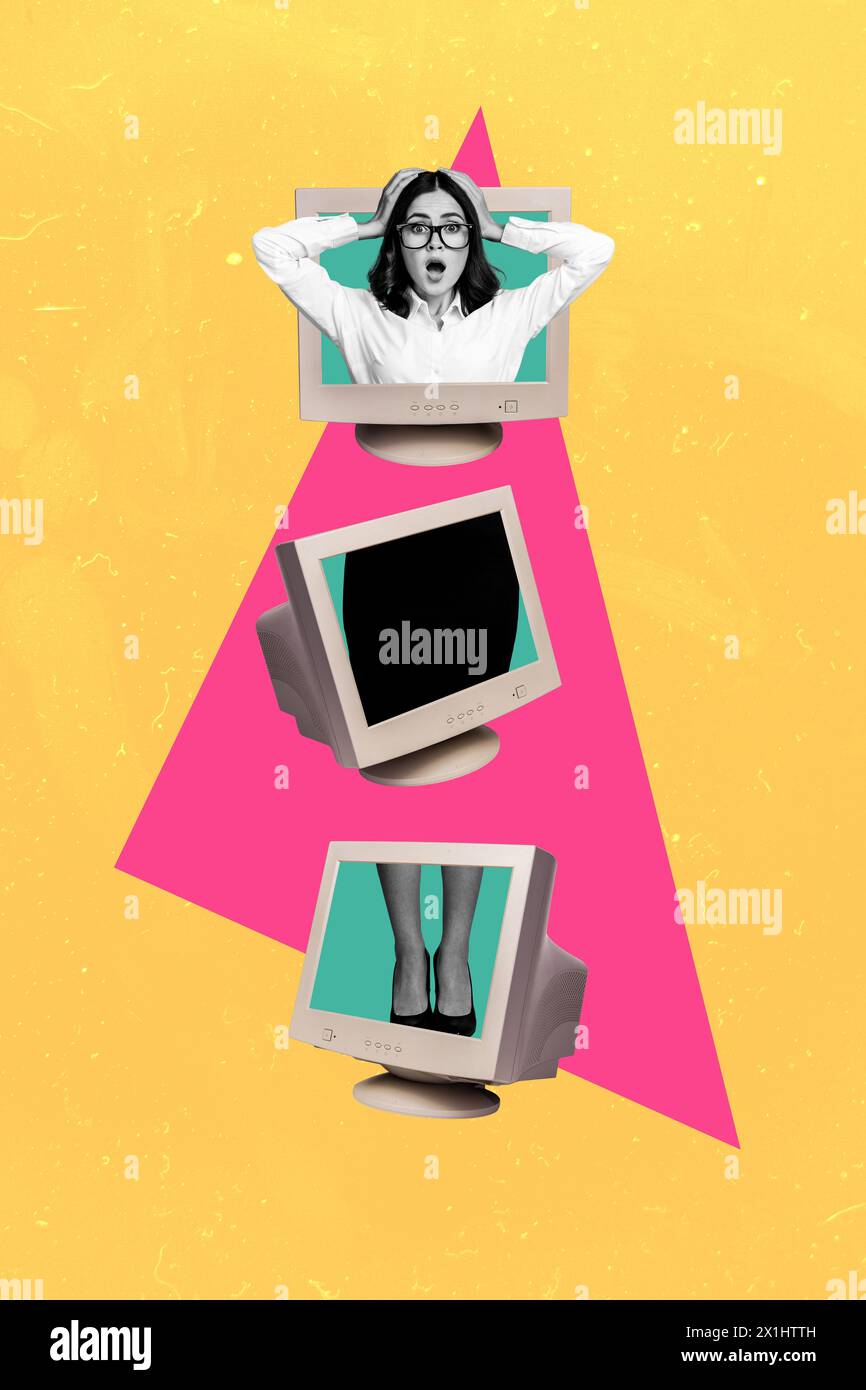 Sketch image trend 3D photo collage of shocked lady body devided into ...