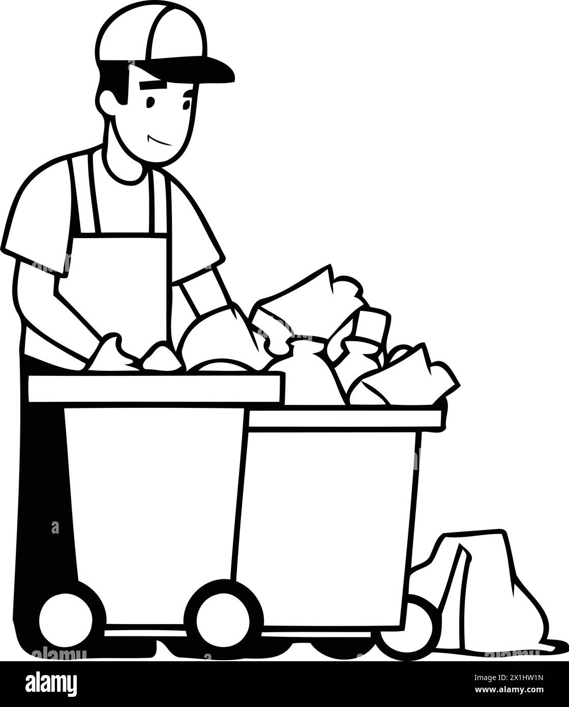 Garbage collector throwing trash in the trash can. Vector illustration