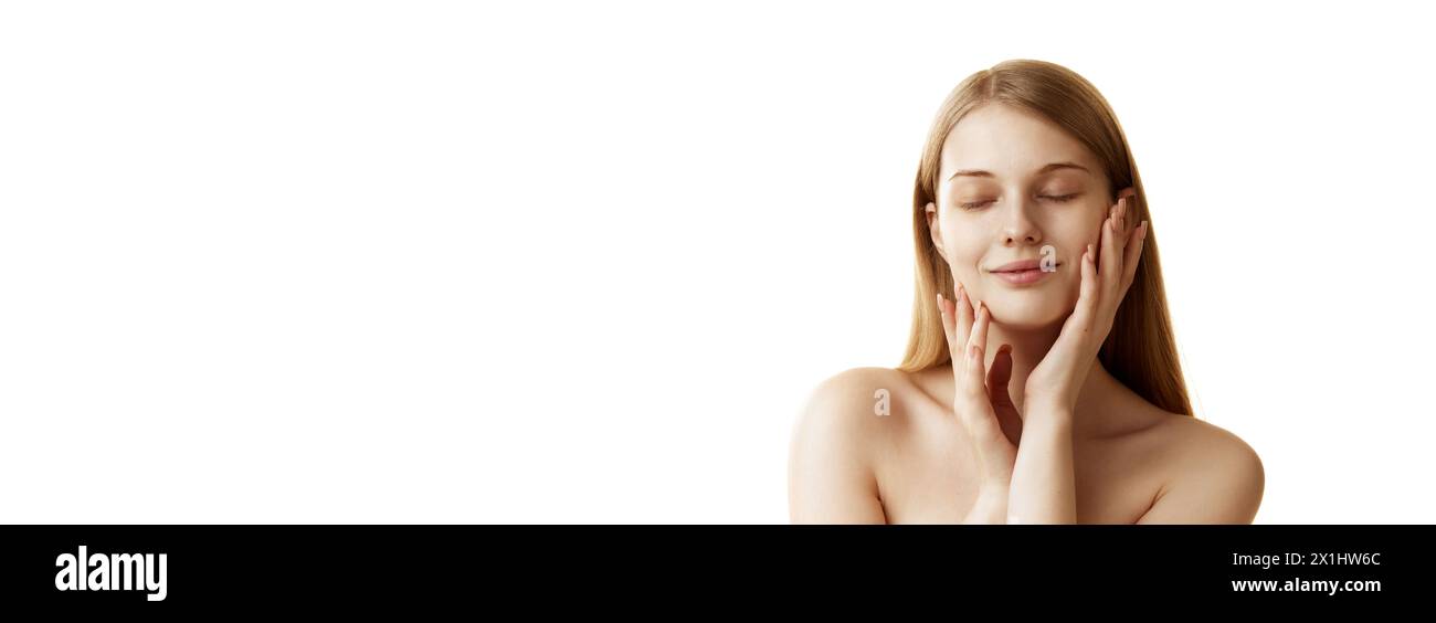 Banner, Young beautiful woman with well-kept skin touching her face ...