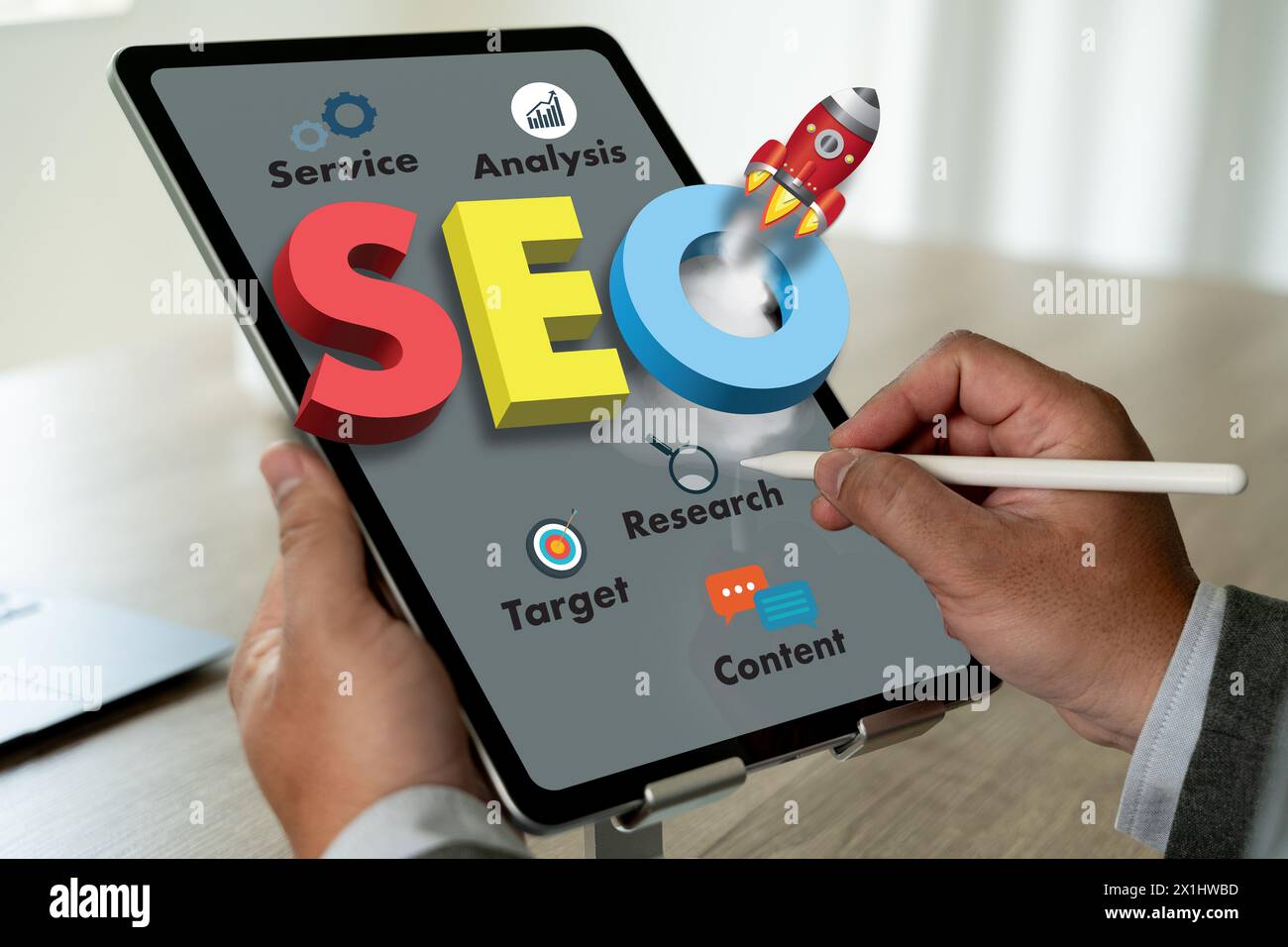 Businessman hands search on laptop engine optimization to SEO Search Engine Optimization Stock Photo