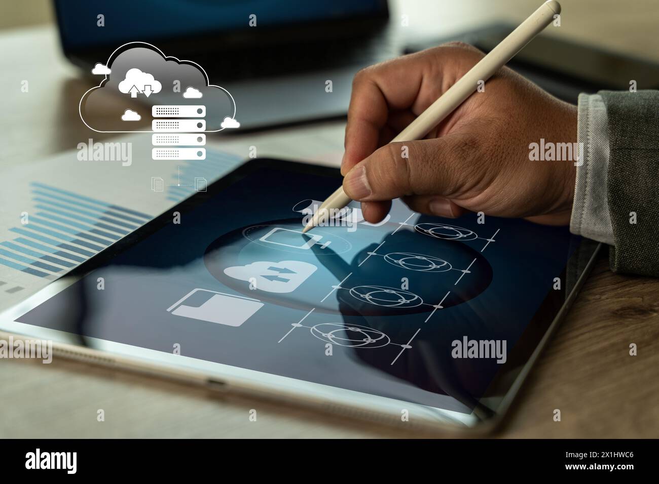 data management cloud Data transfer file of between folder, Backup data Document Management System Stock Photo