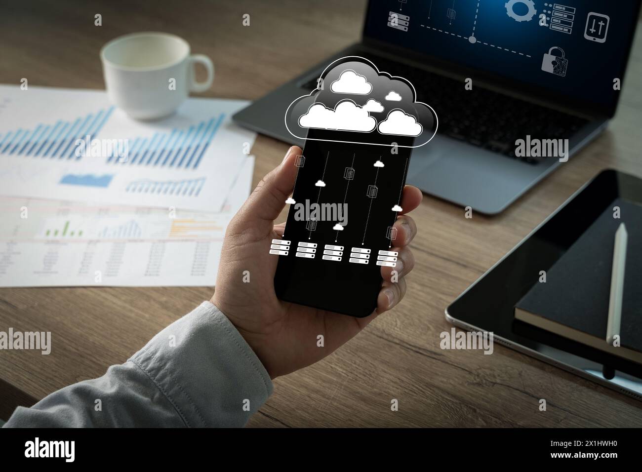 data management cloud Data transfer file of between folder, Backup data Document Management System Stock Photo