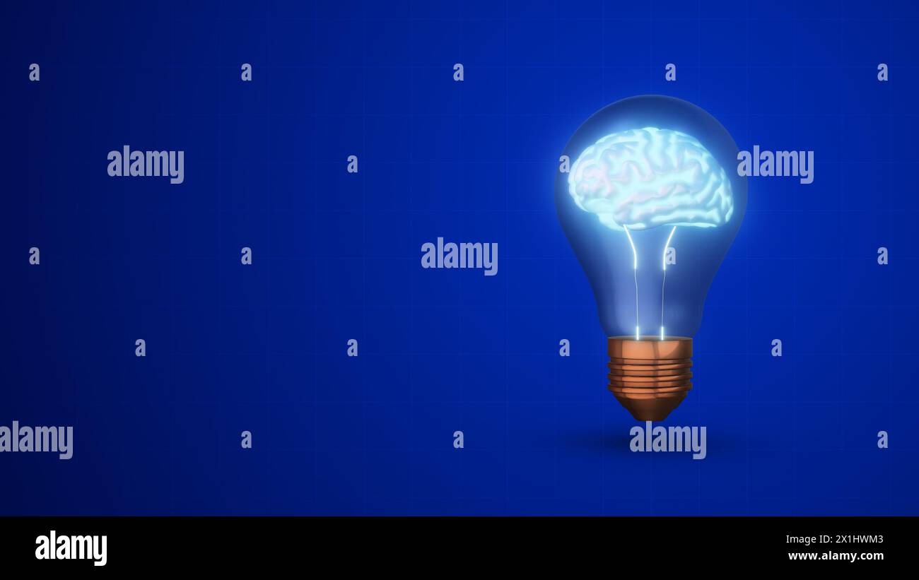 Glowing human brain in a lightbulb on a blue background Stock Photo