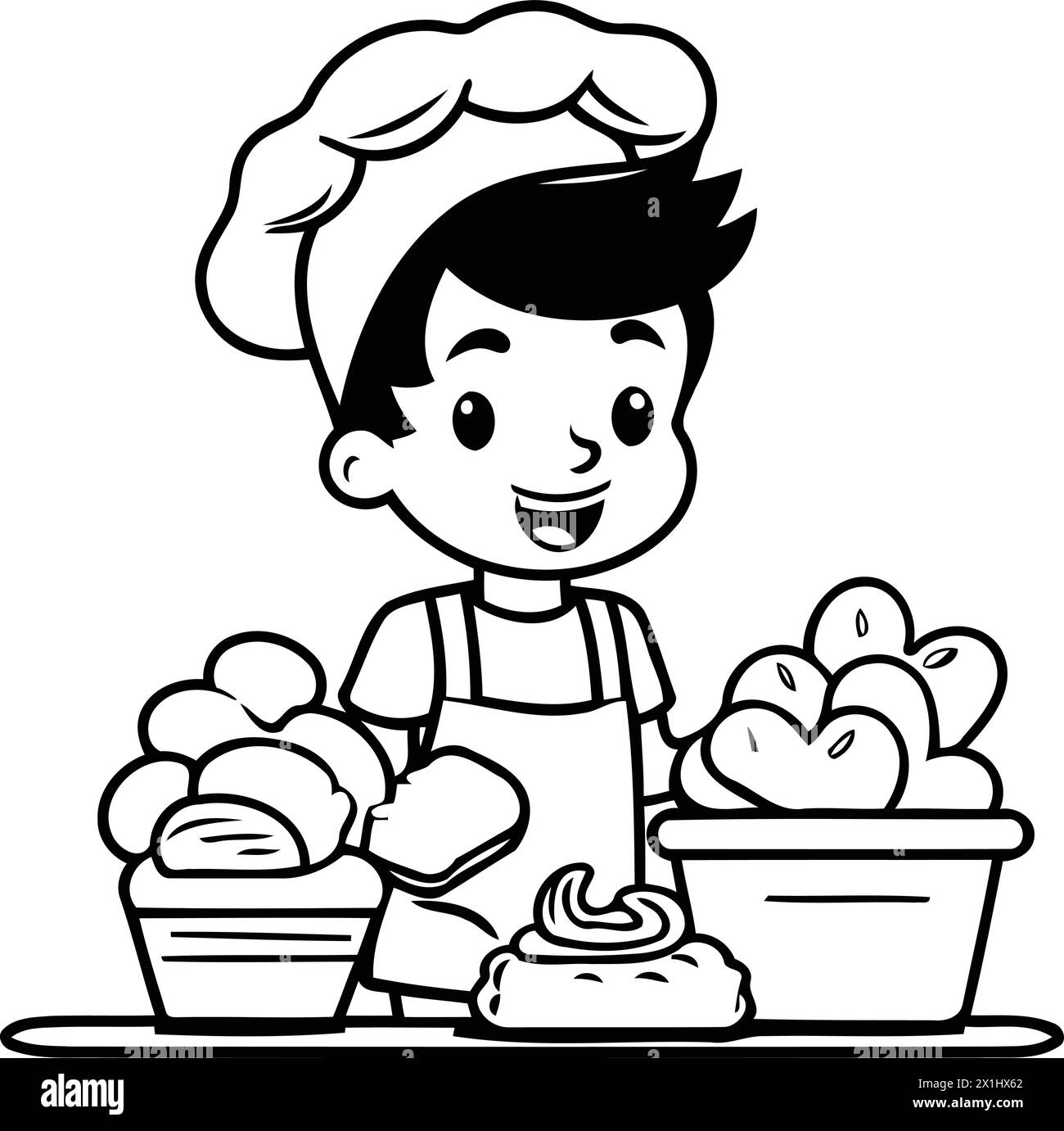 Cute cartoon boy chef with a basket of bread. Vector illustration. Stock Vector