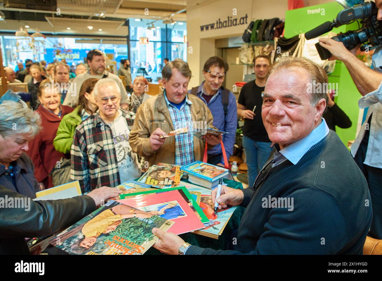 Dutch singer and actor Heintje Simons (Hendrik Nikolaas Theodoor 'Heintje' Simons, later known as Hein Simon) during book signing at book store 'Thalia' in Vienna, Austria, on  4 th April 2018. - 20180404 PD9141 - Rechteinfo: Rights Managed (RM) Stock Photo