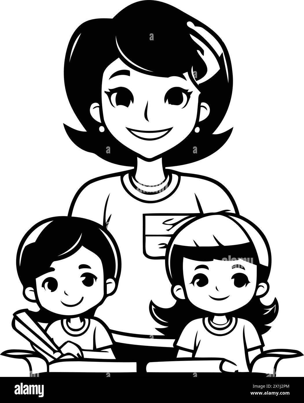 Mother and her kids studying together. Vector illustration in cartoon ...