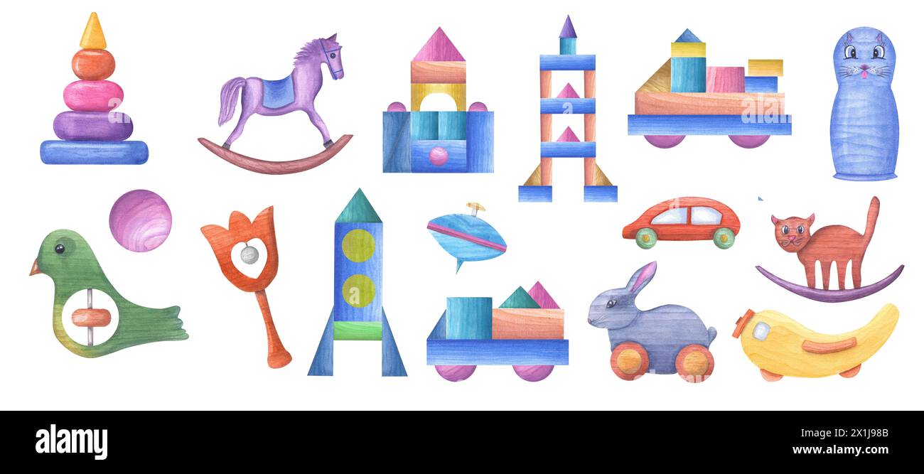 Wooden toys for games, playing. Set of multicolored kid objects as template for decor. Wooden elements made from building bricks. Stock Photo