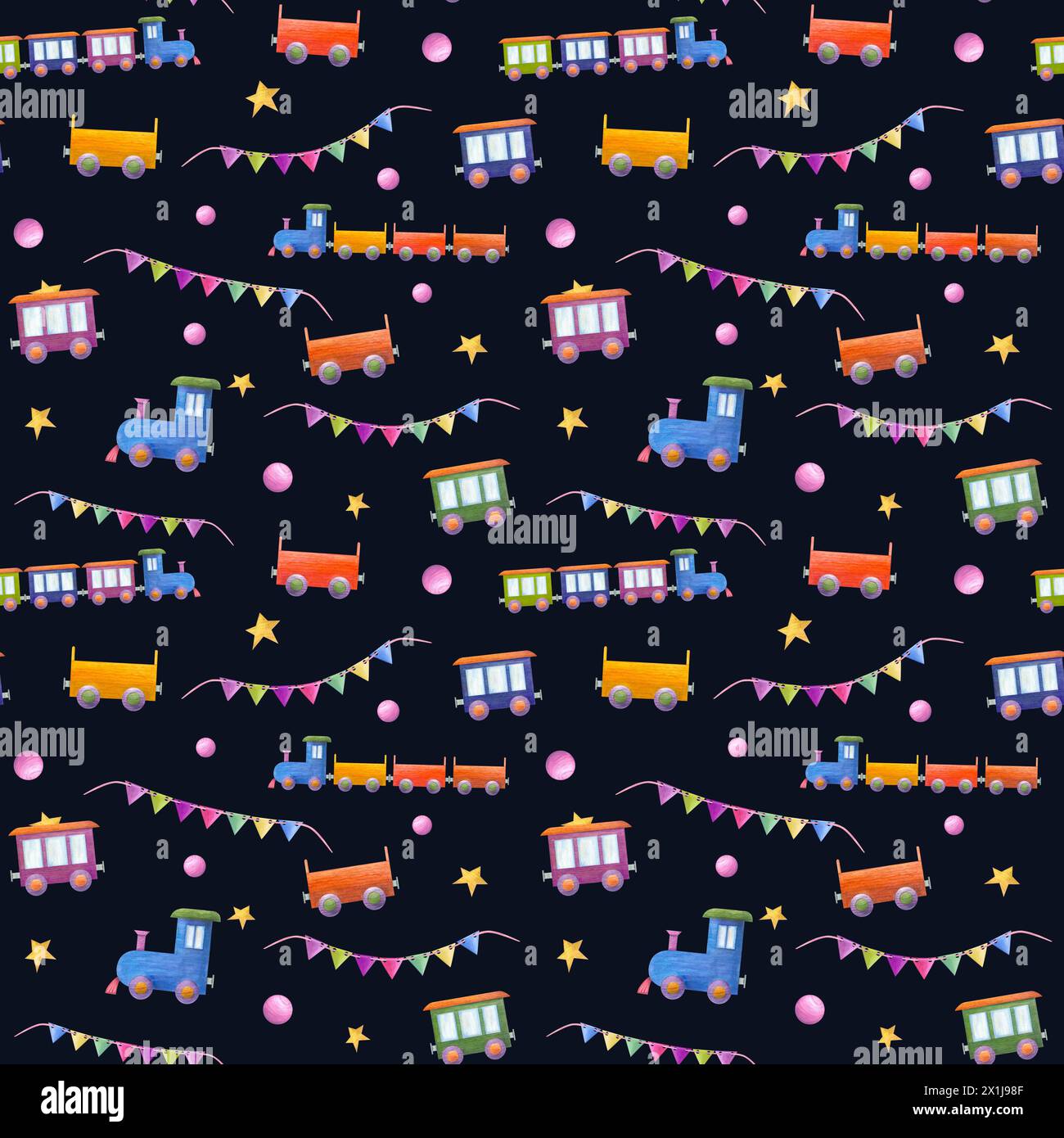 Watercolor seamless pattern of kid wooden toys. Ornate with trains ...
