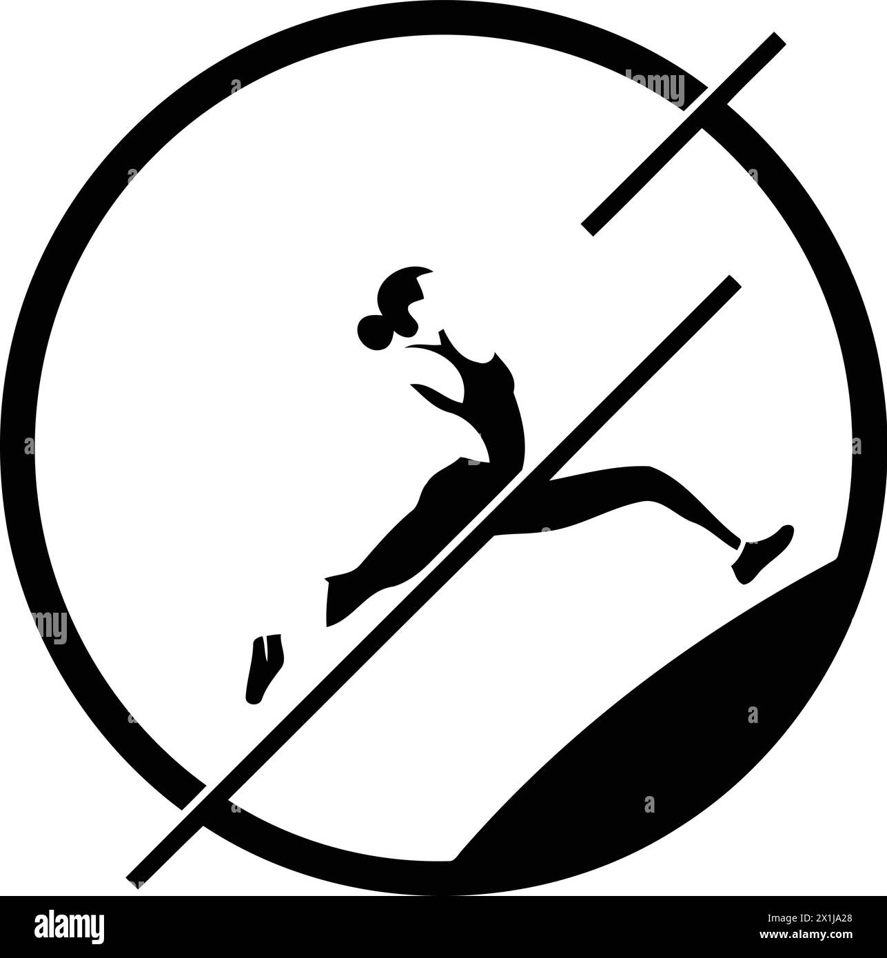 Circle shape icon with silhouette of a female athlete jumping off a