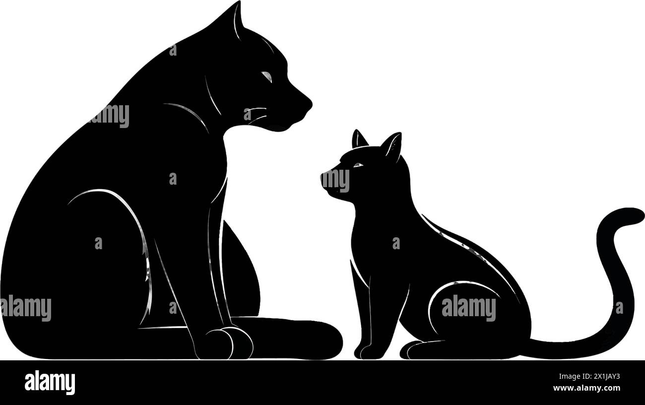 Vector illustration of a two cats in black silhouette against a clean white background, capturing graceful forms. Stock Vector